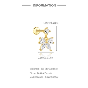 Détail macro du piercing papillon en argent sterling S925 avec zircons AAAAA