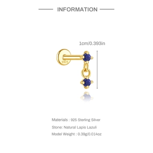 S925 sterling silver ear stud featuring a natural round lapis lazuli stone inlay