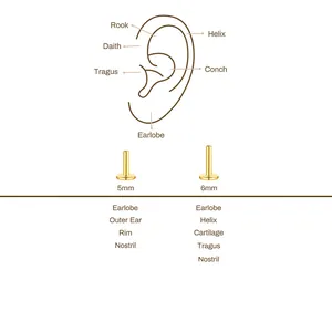 Sizing guide for 5mm and 6mm flat back labret earrings for ear and nose piercings