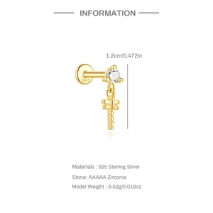 Détail de boucle d'oreille labret libellule en argent S925 avec zircone AAAAA et mesures