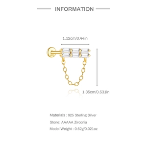 Détail du clou d'oreille en argent S925 avec zircone et dimensions sur fond blanc