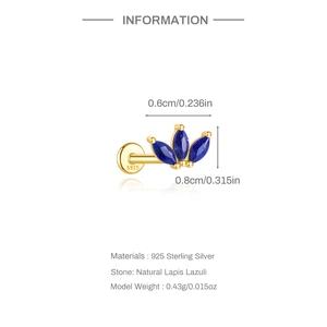 Detailed macro view of S925 sterling silver lapis lazuli stud earring with dimensions