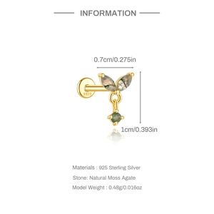 Detail eines S925 Sterlingsilber-Ohrrings mit natürlichem Moosachat im Marquise-Schliff