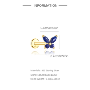 Detailed close-up of a butterfly stud earring with blue lapis lazuli in S925 silver