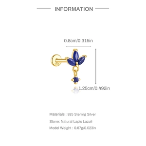 Detail showing S925 hallmark on gold plated lapis lazuli flower stud earrings