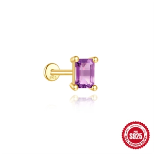 S925 ασημένιο επίχρυσο σκουλαρίκι piercing με ορθογώνια μωβ πέτρα αμέθυστου