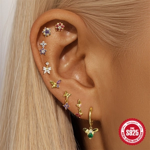 Parure de boucles d'oreilles papillon en argent S925 doré avec pierres précieuses