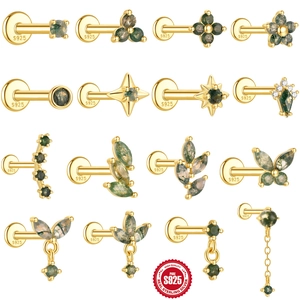 S925 Sterlingsilber Natürlicher Moosachat Flat Back Knorpel Ohrstecker Für Damen Gold Vergoldet Zirkonia Körperschmuck