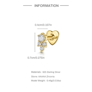Détail du piercing d'oreille coeur en argent 925 avec zircons marquise étincelants