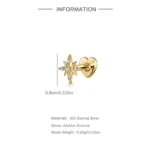 Détail de la puce d'oreille étoile à huit branches en argent 925 doré et zircons AAAAA