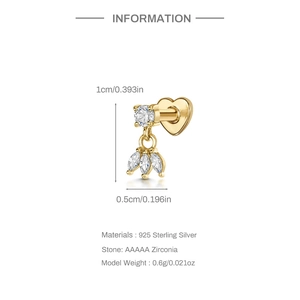 Diagramme de taille et de matériau du piercing d'oreille coeur en argent 925 massif