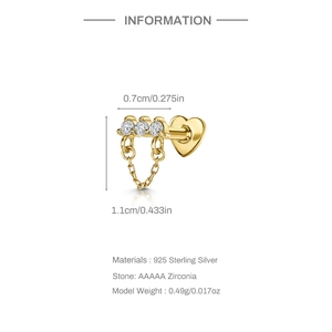 Détail de puce d'oreille cœur en argent S925 doré avec chaînette et zircone AAAAA