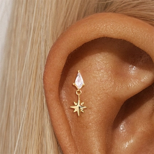 Makroaufnahme von S925 Goldstecker mit Rhombus-Zirkon und achtzackigem Stern-Anhänger