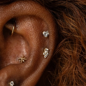 Gros plan sur les clous d'oreilles en argent S925 avec zircons cœur et étoile