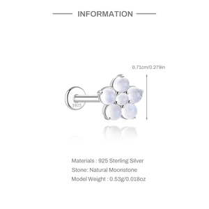 Detailed macro of S925 sterling silver flower earring with natural moonstone settings
