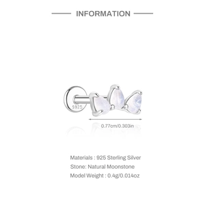 Detailed view of S925 silver stud with moonstone crown, 0.77cm width and 0.4g weight