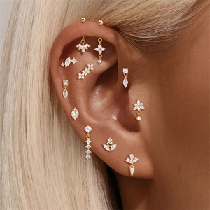 11-piece gold S925 silver stud earring set with zircons in heart moon flower designs