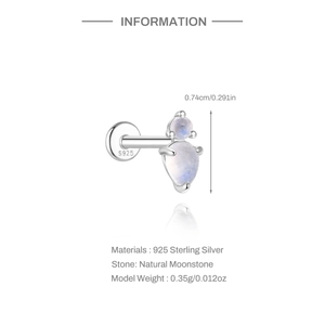 Macro detail of S925 sterling silver flat back stud featuring natural moonstone