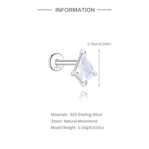 Macro detail of S925 sterling silver moonstone labret stud with dimension specs
