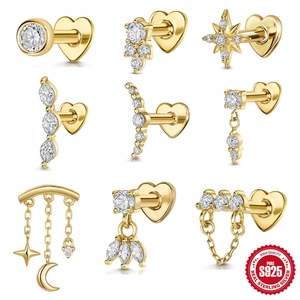 Clou d'Oreille Tige en Argent Sterling 925 Dos Plat en Cœur Or Argent Zircone Étoile Lune Chaîne à Pampilles Boucle d'Oreille Cartilage pour Femme