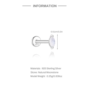 Close-up of S925 sterling silver stud with marquise-cut natural moonstone and S925 stamp