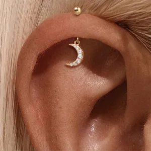 Gold moon stud earring in S925 sterling silver with sparkling white zircon crystals