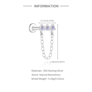 Detailed specs of S925 sterling silver moonstone stud earring with dangling chain