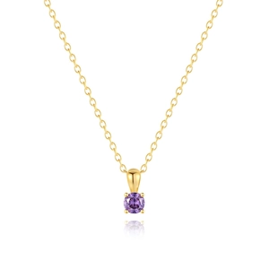 Detail van een gouden S925 zilveren ketting met een ronde paarse geboortesteen hanger