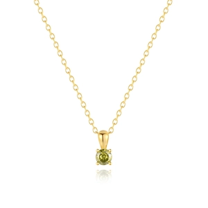 Detailopname van S925 zilveren ketting met geelgroene zirkoon in een 4-klauw zetting