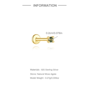 Detail eines S925 Sterlingsilber Labret Steckers mit 2mm natürlichem Moosachat Stein