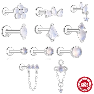 925 Sterlingsilber Natürlicher Mondstein Knorpelstecker Flachrücken Labret Piercing Ohrringe Für Damen Eleganter Schmuck