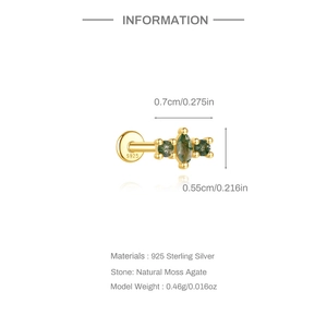 Detailansicht eines S925 Sterling Silber Moosachat-Ohrsteckers mit Goldbeschichtung