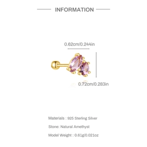 Detail of S925 sterling silver earring with natural amethyst and product specifications