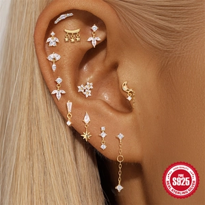 S925 Sterling Silber Gold Ohrstecker Set mit Stern Mond und Zirkon Quasten