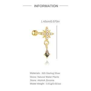 Detailed view of s925 silver star earring with kite-cut moss agate and zircon stones