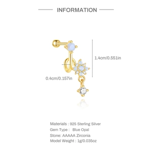 Detail of s925 silver blue opal flower cartilage earring with 5A cubic zirconia stones