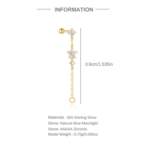 Detail showing 925 silver gold floral earring with blue moonstone and zircon, 3.9cm length