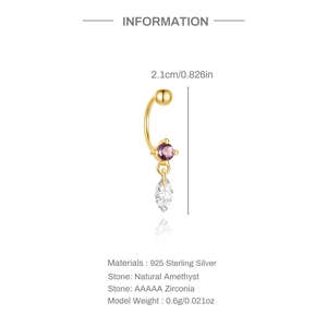 Detail of s925 silver navel ring with amethyst and marquise zirconia, measuring 2.1cm