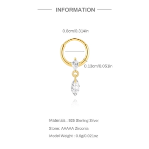 Macro view of gold S925 silver hoop earring with AAAAA marquise cut zircon stones