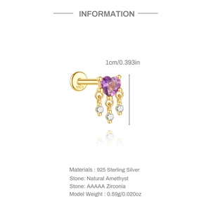 S925 Silber Herz-Amethyst-Stecker mit drei Zirkonia-Anhängern und flachem Verschluss