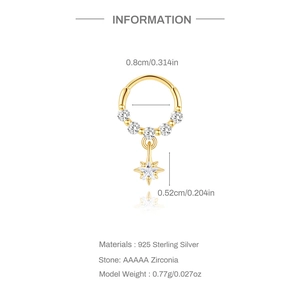 Detail view of 925 silver gold-plated star hoop earring with AAAAA zircon size specs