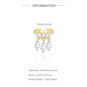 Dettaglio del ear cuff in argento S925 placcato oro con zirconi marquise e pendenti