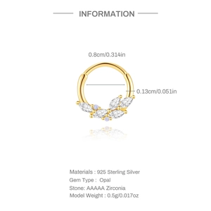 Detailed specs of s925 silver nose ring with opal and zirconia including size and weight