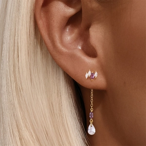 Macro shot of silver drop earrings with marquise purple amethyst and teardrop stones