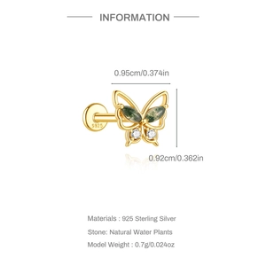 Detailansicht goldener Schmetterlings-Ohrstecker aus 925er Silber mit Moosachatstein