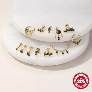 S925 Sterling Silber Natur Moosachat Ohrring Set mit böhmischen goldfarbenen Akzenten