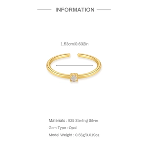 Detail of S925 sterling silver gold-plated ring with white oval opal and size dimensions