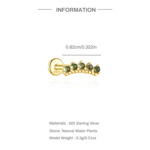 Detaillierte Größenangaben des gebogenen s925 Silber Moosachat Labret Ohrsteckers