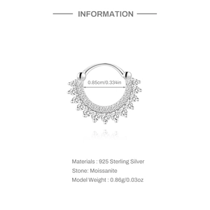 Macro detail of 925 sterling silver septum ring with moissanite stones and dimensions
