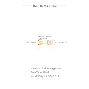 Spécifications de taille pour clou d'oreille labret en argent 925 et perle avec mesures